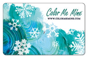 color me mine logo on a blue and green swirl background with white snow flakes
